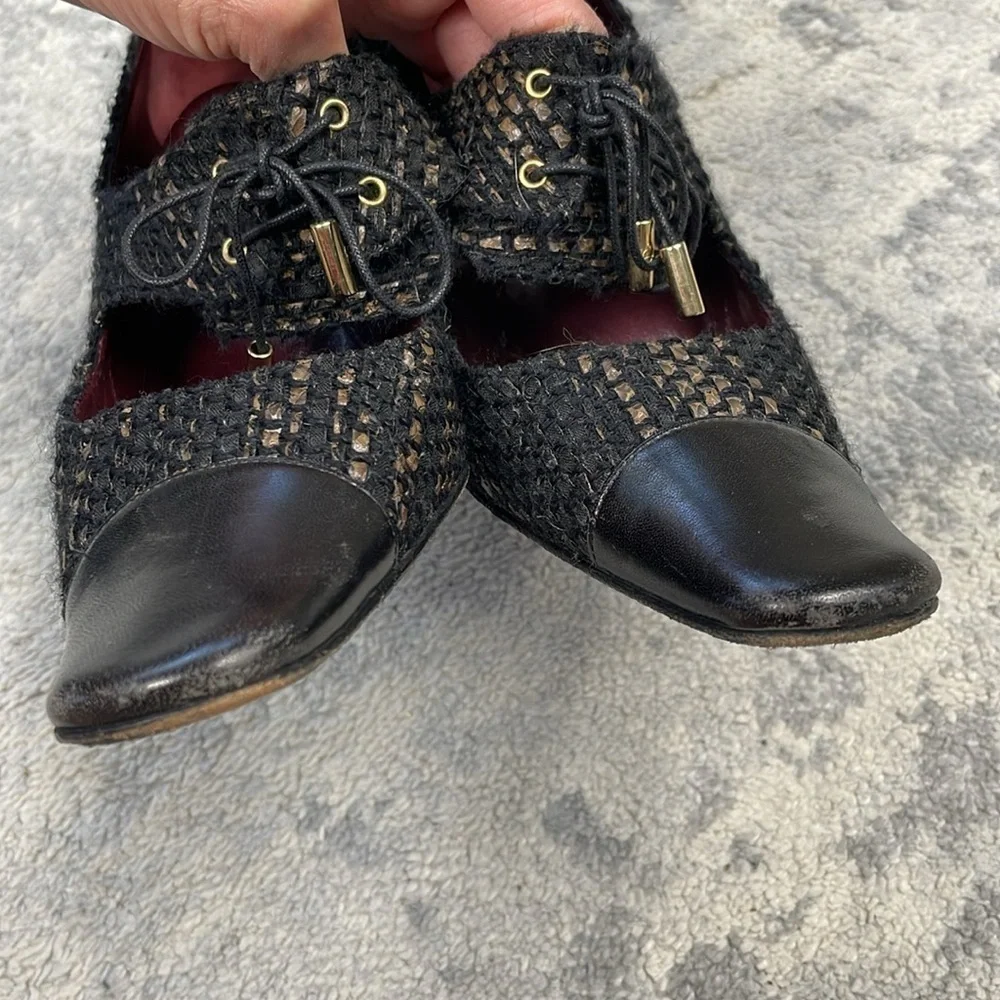 Vintage Chanel Tweed Squared Pointed Toe Lace Up Oxford Heels Sz 39.5